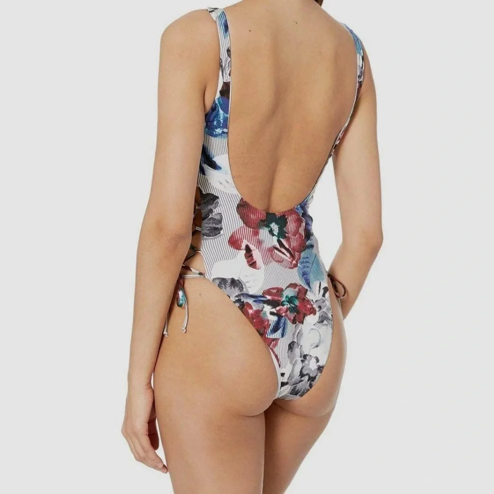 The Bikini Lab Swim One Piece Swimsuit Floral Stripes Size Medium - Picture 3 of 9
